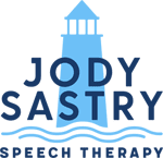 A blue and white lighthouse with the words " jody sastry speech therapy ".